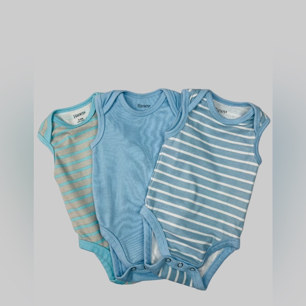 Hanes Blue Striped Sleeveless Onesie Bundle  0-6M